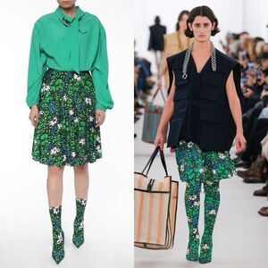 BALENCIAGA Green Hight Waist Floral Print Pleated Knee Length Skirt Size…